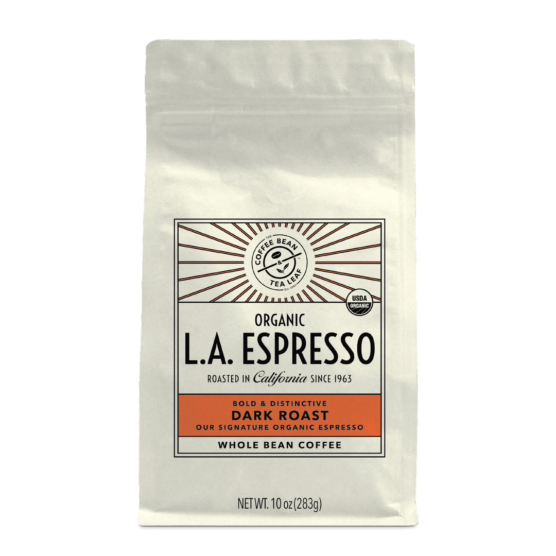 10oz cream bag labeled “L.A. Espresso” on a white background. The design shows the coffee is Roasted in California and has a Bold & Distinctive taste and is Dark, Ground Coffee.