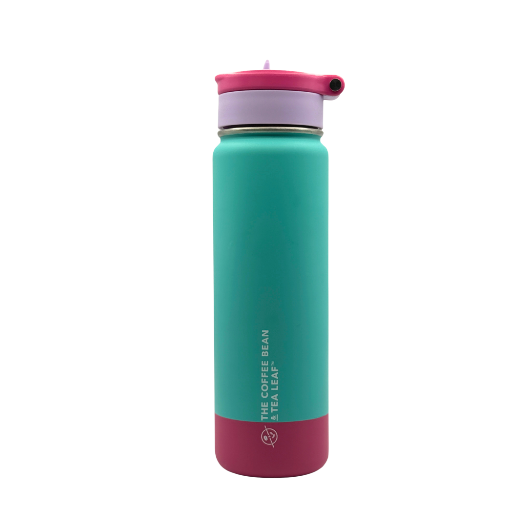 Turquoise and pink water bottle with a visible brand logo on a white background