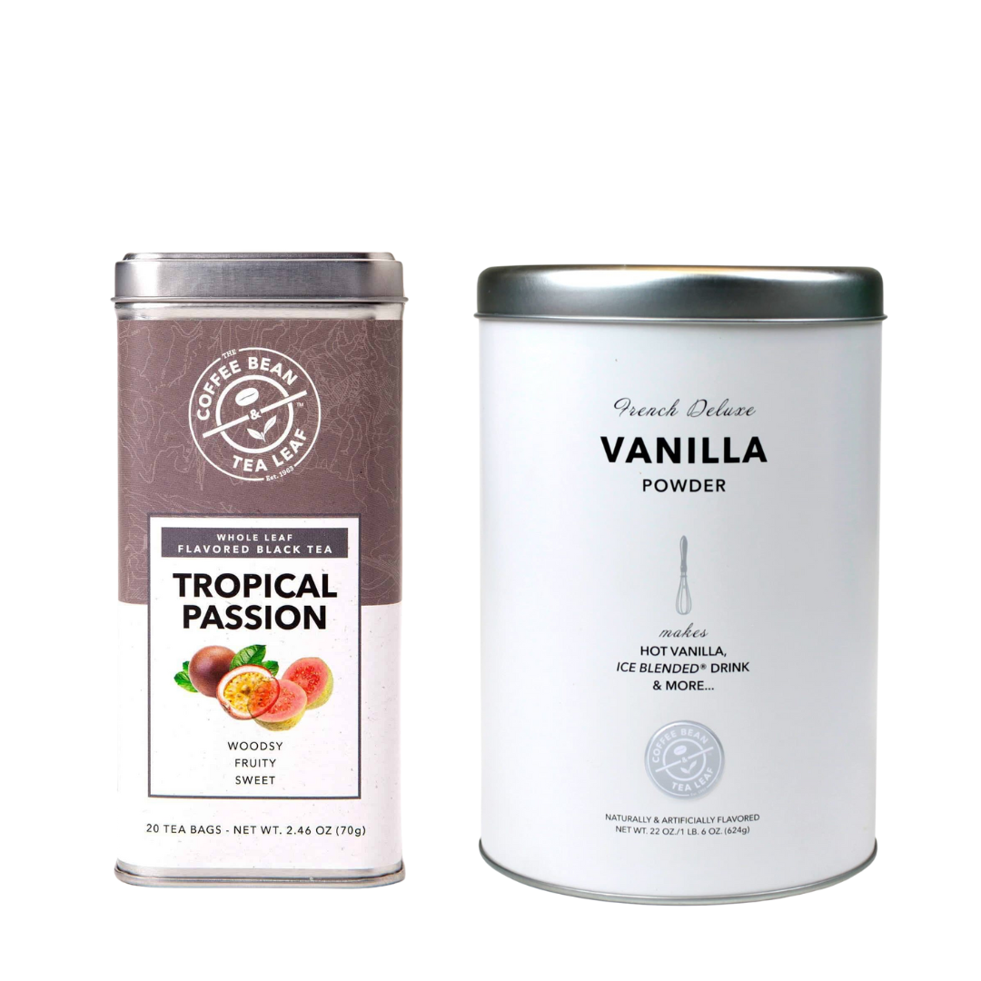 Multicolor Tin of Tropical Passion Tea 20ct and White Tin of French Deluxe Vanilla Powder 22oz