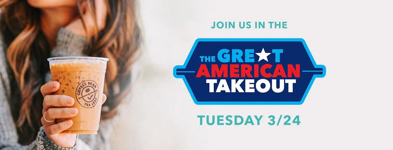 Woman holding coffee and GREAT AMERICAN TAKEOUT ad