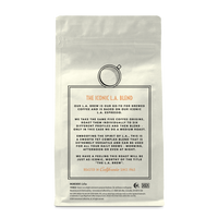 Back of coffee packaging with decorative design describing the flavor of "L.A. Brew" on white background