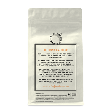 Back of coffee packaging with decorative design describing the flavor of "L.A. Brew" on white background