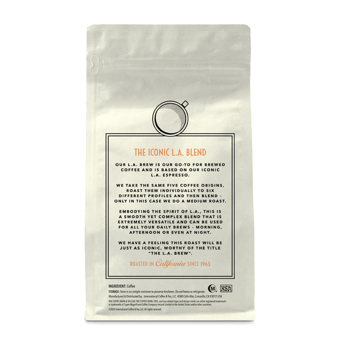 Back of coffee packaging with decorative design describing the flavor of "L.A. Brew" on white background