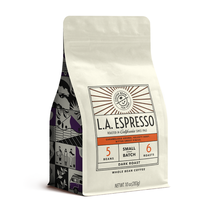 10oz cream bag labeled “L.A. Espresso” on a white background. The design shows the coffee is Roasted in California and has a Bold & Distinctive taste and is Dark, Ground Coffee.