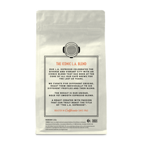 Back of coffee packaging with decorative design describing the flavor of "L.A. Espresso" on white background