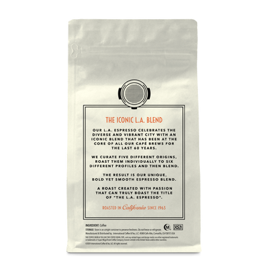 Back of coffee packaging with decorative design describing the flavor of "L.A. Espresso" on white background