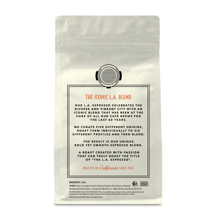 Back of coffee packaging with decorative design describing the flavor of "L.A. Espresso" on white background