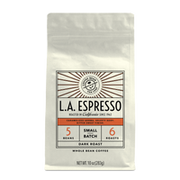 10oz cream bag labeled “L.A. Espresso” on a white background. The design shows the coffee is Roasted in California and has a Bold & Distinctive taste and is Dark, Ground Coffee.
