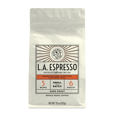 10oz cream bag labeled “L.A. Espresso” on a white background. The design shows the coffee is Roasted in California and has a Bold & Distinctive taste and is Dark, Ground Coffee.
