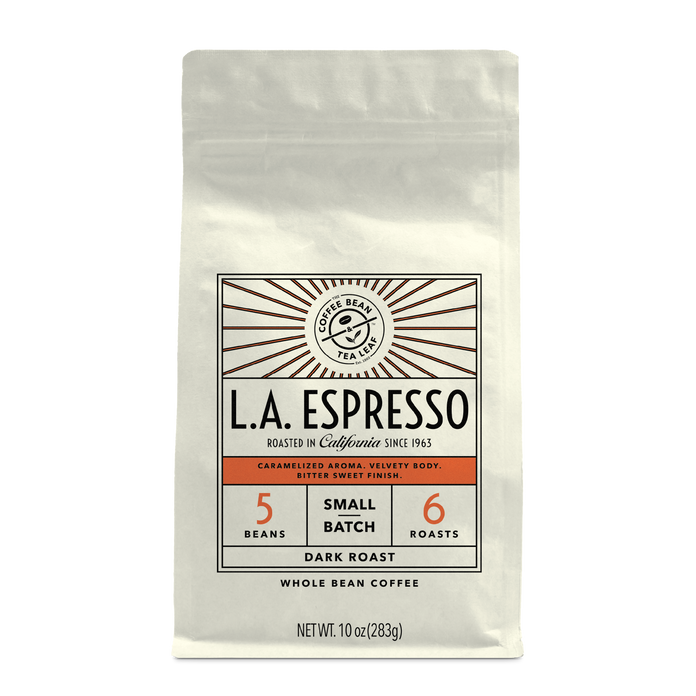 10oz cream bag labeled “L.A. Espresso” on a white background. The design shows the coffee is Roasted in California and has a Bold & Distinctive taste and is Dark, Ground Coffee.