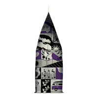 Side of coffee packaging with decorative design showing city skylines, buses and plants