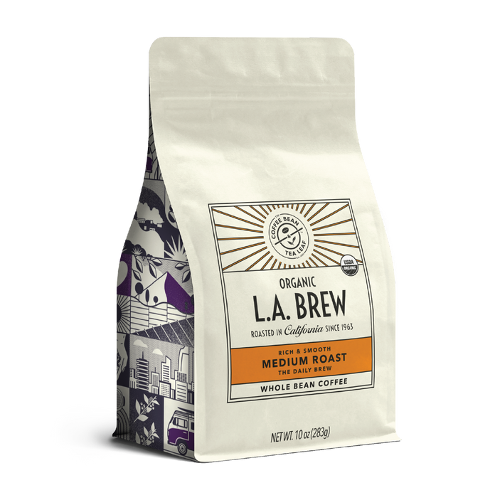 10oz cream bag labeled “L.A. Brew” on a white background. The design shows the coffee is Roasted in California and has a Rich & Smooth taste and is Medium, Ground Coffee.