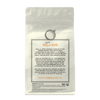 Back of coffee packaging with decorative design describing the flavor of "L.A. Brew" on white background