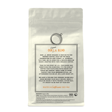 Back of coffee packaging with decorative design describing the flavor of "L.A. Brew" on white background