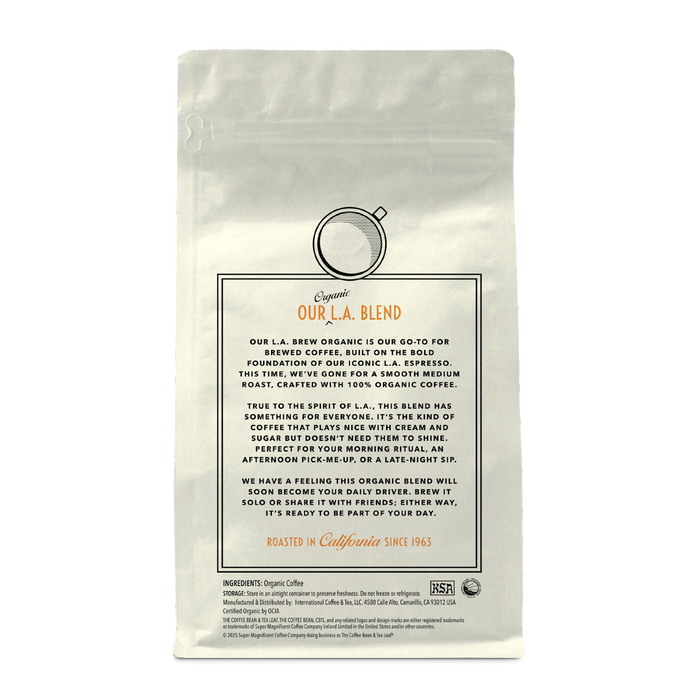 Back of coffee packaging with decorative design describing the flavor of "L.A. Brew" on white background