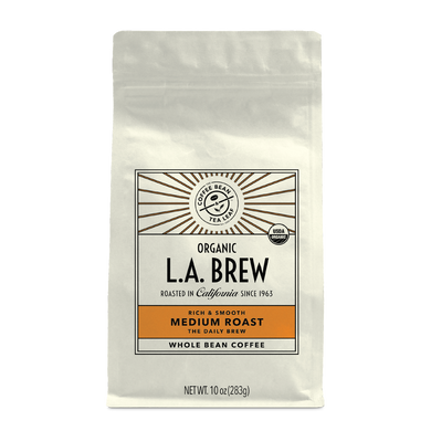 10oz cream bag labeled “L.A. Brew” on a white background. The design shows the coffee is Roasted in California and has a Rich & Smooth taste and is Medium, Ground Coffee.
