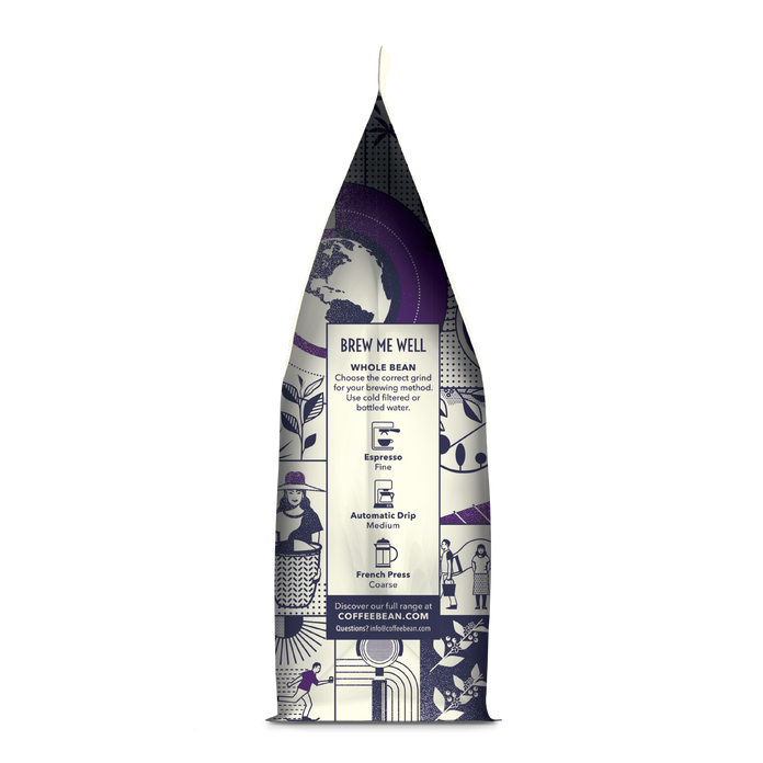 Side of coffee packaging with decorative design showing instructions for how to "Brew Me Well" on white background