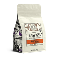 10oz cream bag labeled “L.A. Espresso” on a white background. The design shows the coffee is Roasted in California and has a Bold & Distinctive taste and is Medium, Ground Coffee.