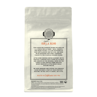 Back of coffee packaging with decorative design describing the flavor of "L.A. Espresso" on white background