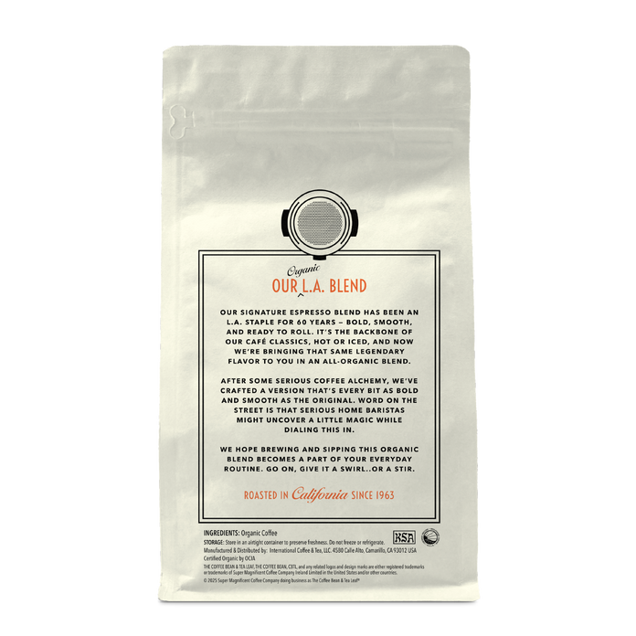 Back of coffee packaging with decorative design describing the flavor of "L.A. Espresso" on white background