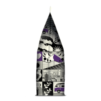 Side of coffee packaging with decorative design showing city skylines, buses and plants