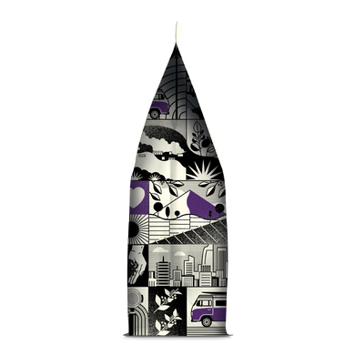 Side of coffee packaging with decorative design showing city skylines, buses and plants
