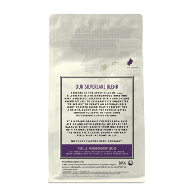 Back of coffee packaging with decorative design describing the flavor of the Silver Lake blend on white background