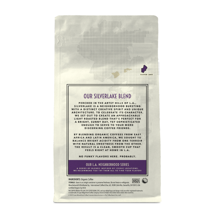 Back of coffee packaging with decorative design describing the flavor of the Silver Lake blend on white background