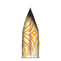 Side of coffee packaging with decorative design and text that reads “Roasted in California Since 1963” on white background