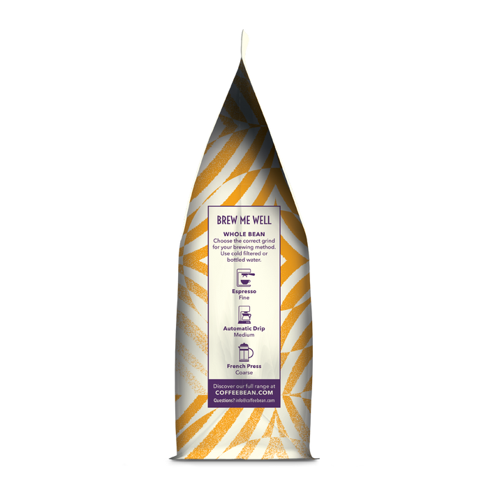 Side of coffee packaging with decorative design showing instructions for how to "Brew Me Well" on white background