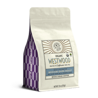10oz cream bag labeled “Westwood” on a white background. The design shows the coffee is Roasted in California and has a Bold & Distinctive taste and is Medium-Dark, Ground Coffee.