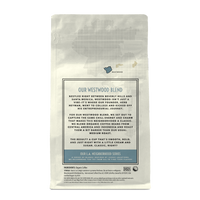 Back of coffee packaging with decorative design describing the Westwood Blend history and flavor on white background