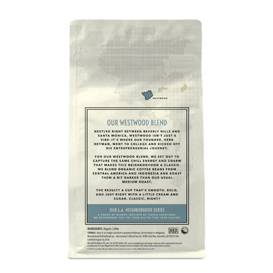 Back of coffee packaging with decorative design describing the Westwood Blend history and flavor on white background