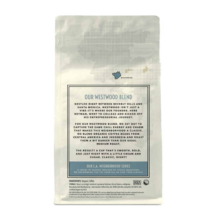 Back of coffee packaging with decorative design describing the Westwood Blend history and flavor on white background