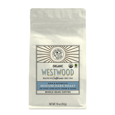 10oz cream bag labeled “Westwood” on a white background. The design shows the coffee is Roasted in California and has a Bold & Distinctive taste and is Medium-Dark, Ground Coffee.