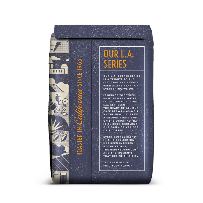 Back of coffee packaging with decorative design describing the "L.A. Series" on white background