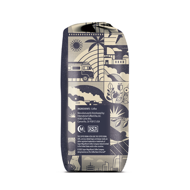 Side of coffee packaging with decorative design showing the ingredient list and manufacturing information on white background