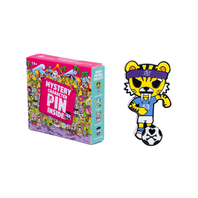 A mystery character pin inside box set shown next to a cartoon tiger kicking a soccer on a plain white background.