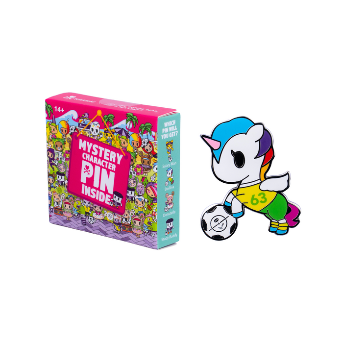 Mystery Character Pin Box with animated tokidoki characters next to an enamel pin of a tokidoki character playing with a soccer ball