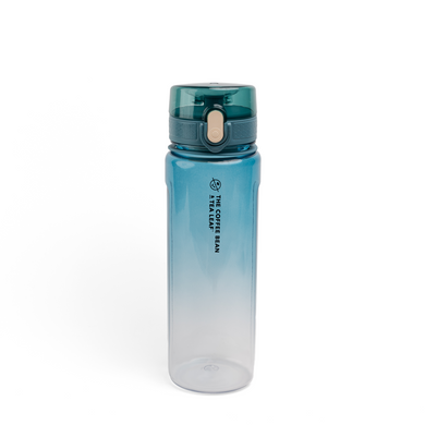 A tall plastic water bottle with a blue-to-clear gradient body and a dark teal flip-top lid, featuring the vertical text 'THE COFFEE BEAN AND TEA LEAF' on the front, set against a plain white background.