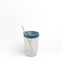 A clear plastic travel tumbler with a teal lid and a beige reusable straw, shown on a seamless white background.