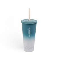 A tall insulated tumbler with a teal-to-white gradient body, a matching teal lid, and a light beige straw. The cup has vertical white text reading 'THE COFFEE BAR' and a small logo, plus a subtle wave pattern near the bottom, shown on a clean white background.