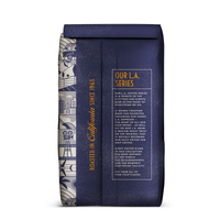Back of coffee packaging with decorative design describing the "L.A. Series" on white background
