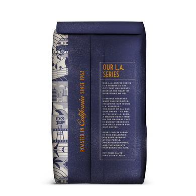 Back of coffee packaging with decorative design describing the "L.A. Series" on white background