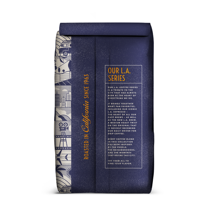 Back of coffee packaging with decorative design describing the "L.A. Series" on white background