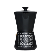 Black coffee maker with 'L.A. Espresso' branding on a white background