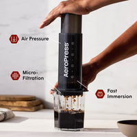 A person using an Aeropress XL coffee maker with labeled features on a light background