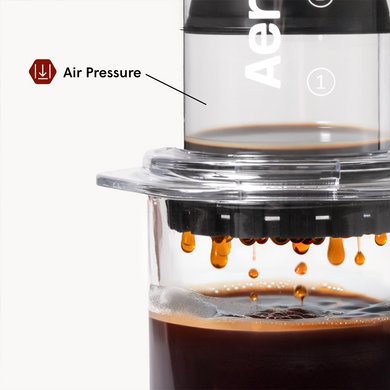 Close-up of AeroPress coffee press with air pressure labeled, showing coffee dripping.