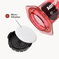 Red and black coffee filter with 'Aeropress' branding and text indicating 'Micro-Filtration'.