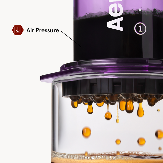 Close-up of a AeroPress coffee maker with air pressure indicator and brand logo.